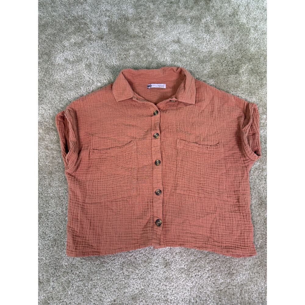 SO Womens Shirt Orange Small Short Sleeve Cropped Button Up Pocket Collared D950